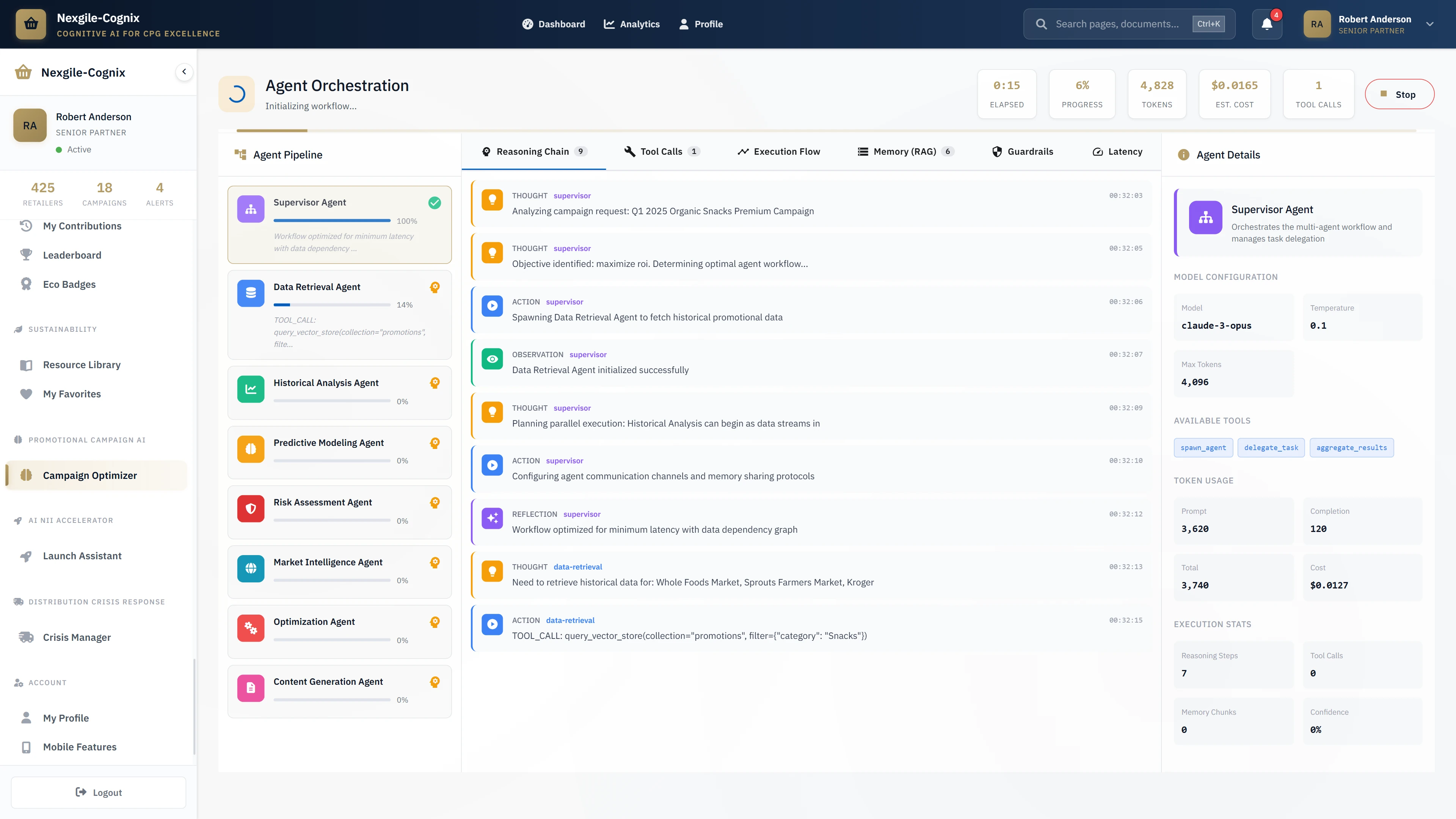Agent Orchestration - Real-time multi-agent workflow execution with 8 specialized agents collaborating on promotion optimization